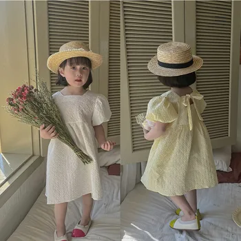 5209C Платье для девочек 2023 Летнее Новое Корейское платье для девочек с пузырчатым рукавом, модное платье принцессы