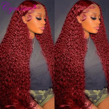 парик с глубокими завитками 13x4, прозрачный 99J, бордовый, Cynosure, парики с глубокими завитками из человеческих волос красного цвета, HD, парики с глубокими завитками из человеческих волос