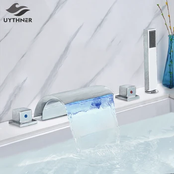 Uythner Светодиодный смеситель для ванной комнаты, кран для раковины, широкий носик, смеситель для ванны с водопадом, Смеситель для горячей и холодной воды С ручным душем