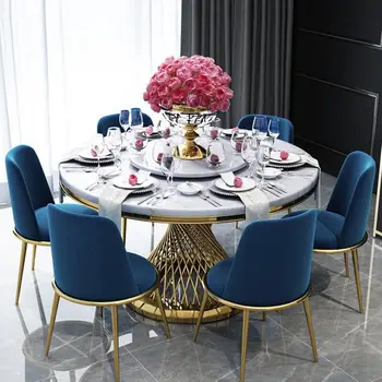 Сочетание мраморного обеденного стола и стула в постмодернистском стиле, легкая роскошь и простой бытовой круглый обеденный стол из нержавеющей стали