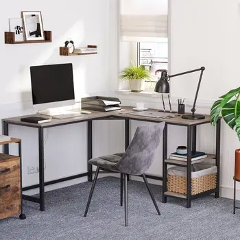 Компьютерный стол L-образной формы, Угловой Письменный стол, Офисное рабочее место с полками для домашнего офиса, компактный, простой в сборке
