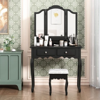 Туалетный столик для макияжа Revivalism с зеркалом, деревянный комод с табуреткой и выдвижными ящиками Подходит для спален и гардеробных комнат