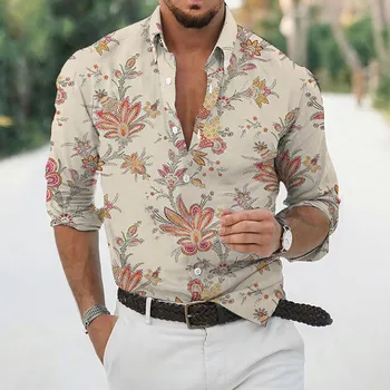 Мужские гавайские рубашки Со свободным отворотом, геометрический принт, Пляжные рубашки с цветочным рисунком, с длинным рукавом и пуговицами, Дышащие Летние рубашки оверсайз