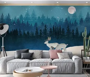 Пользовательские фотообои Nordic blue forest elk 3D Настенная живопись Гостиная Спальня телевизор Диван Домашний декор Фотообои Настенное покрытие