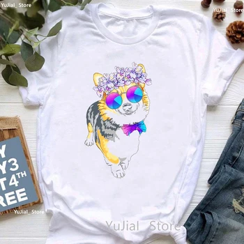 Футболка с изображением собаки с цветочным рисунком Корги, девушки, улыбающийся милый кот, держащий звезду, футболка, Женская одежда в стиле харадзюку Каваи, забавная футболка