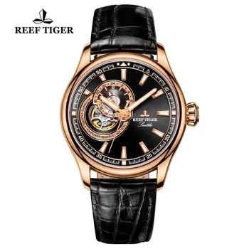 Reef Tiger/RT Лучший бренд класса люкс, мужские механические часы с турбийоном, ремешок из натуральной кожи, водонепроницаемые автоматические часы из розового золота