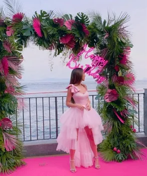 Стильные розовые вечерние платья Hi-Lo из асимметричного тюля, платья для выпускного вечера с бантом для женщин,