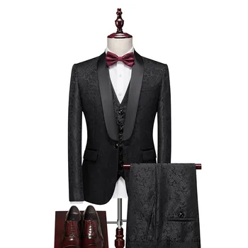 Lansboter Черный мужской костюм из 3 предметов с лацканами из ткани с рисунком Деловое вечернее платье для ужина Свадебный комплект для жениха Куртка Жилет с брюками