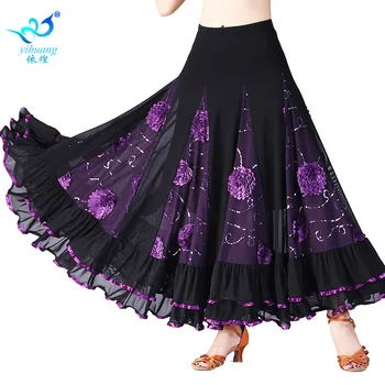 1 шт./лот, женская юбка для бальных танцев, шифоновая юбка с цветочными оборками, длинная юбка для танцев