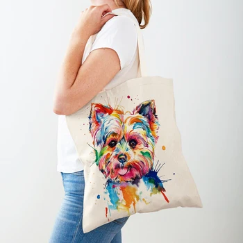 Эко-сумка для покупок с милой мультяшной собачкой, женская холщовая сумка-тоут, многоразовые сумки для покупок с акварельными животными, женские сумки для покупок на плечо