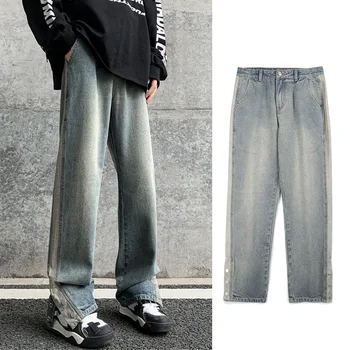 Джинсы с разрезным рукавом, мужские прямые джинсы, ностальгические брюки с пуговицами на штанинах в американском стиле, выстиранные Y2K, проблемные покупки