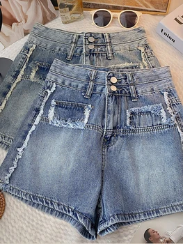 Женские шорты YuooMuoo 2023, Летние винтажные джинсовые шорты с кисточками и высокой талией, Уличная одежда, выстиранные Синие женские джинсовые шорты