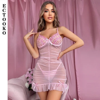 ECTOOKO, Новое прозрачное Сексуальное женское белье, Ночная рубашка, Соблазнительная пижама с вышивкой, Розовый