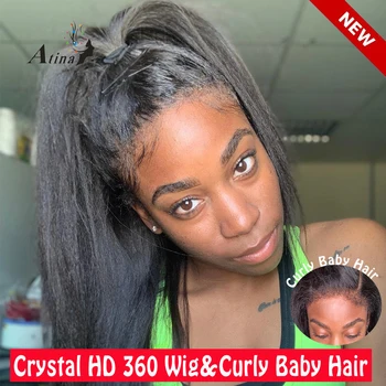 Yaki Straight Crystal HD 360 Кружевной фронтальный парик Прозрачная застежка HD Парики из человеческих волос Вьющиеся детские волосы Бесклеевые кружевные фронтальные парики