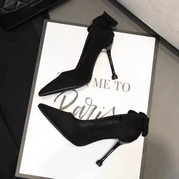 Весенне-осенние Черные туфли-лодочки с узлом-бабочкой, Женская обувь на высоком каблуке 6-8-10 см, Повседневная Однотонная Универсальная Ретро-романтика, Милая Сексуальность