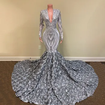 Серебристые длинные платья для выпускного вечера 2023 года для чернокожей девушки Русалка с 3D цветами, V-образный вырез, торжественное платье для выпускного вечера, праздничные платья