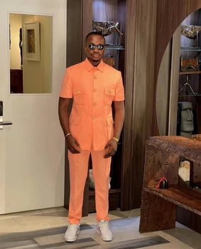 Летние ярко-оранжевые мужские костюмы С короткими рукавами и брюками Классический повседневный мужской комплект Slim Wear Новейший дизайн Поставка костюмов на заказ