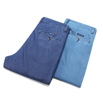 Классические летние мужские деловые джинсы с прямыми штанинами в классическом стиле 2023, новые модные повседневные брюки из эластичного денима, синие мужские брендовые брюки