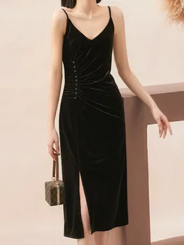 Элегантное женское бархатное Черное платье на тонких бретельках без рукавов, повседневный винтажный облегающий тонкий вечерний халат, женская мода, Vestidos