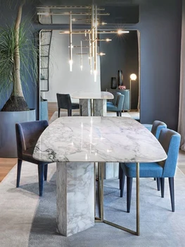 Сочетание обеденного стола и стула из итальянского светлого роскошного белого мрамора прямоугольной формы для маленькой семьи, скандинавский современный простой бытовой набор