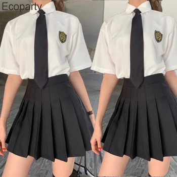 Женский костюм-двойка в Корейском школьном стиле в стиле колледжа, летние Белые рубашки, Черная плиссированная юбка, комплект галстуков, женская модная униформа
