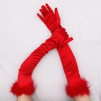 Сексуальные женские эластичные шелковые атласные перчатки для танцевальной вечеринки с манжетами из перьев длиной во весь палец 53 см, вечерние перчатки для макияжа на Хэллоуин, варежки для оперной сцены