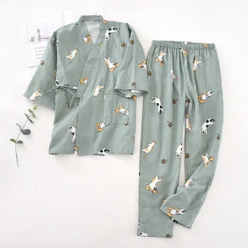 2023 новый комплект пижам-кимоно в японском стиле с семью рукавами, женская весенне-осенняя домашняя одежда из 100% хлопка и марли, милая двухслойная