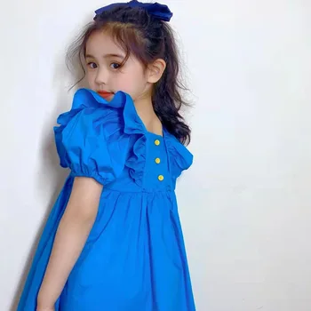 Корейское милое платье для девочек, Лето 2022, Новое милое модное голубое платье Klein, Платье принцессы для девочек, Хлопковые синие платья для девочек, платья для девочек