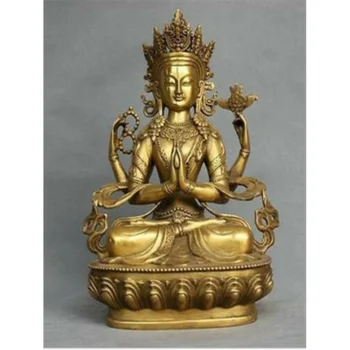 Старинная редкая четырехрукая статуя тибетского Будды Авалокитешвары из бронзы Кван-инь Будды луй