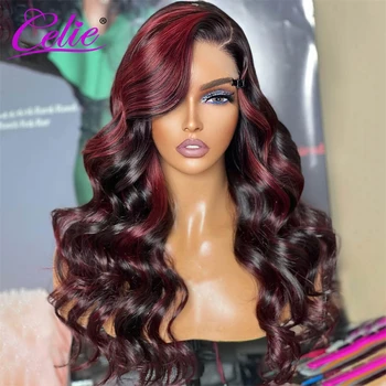 Celie Hair Highlight 1B/Бордовый Объемно-Волнистый Парик 13 × 4 HD Кружевной Фронтальный Парик 200% плотности Highlight 1b/99j Кружевной Фронтальный Парик