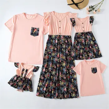 Одежда для мамы, малыша, мамы и меня, футболки с короткими рукавами для папы и сына, семейный комплект, платья в цветочек для мамы и дочки, гофрированные рукава