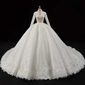 V-образный вырез, пуговицы сзади, длинный рукав, жемчуг, аппликации из кристаллов, кружевное бальное платье Super Gorgeoos, свадебное платье со шлейфом для часовни длиной 150 см