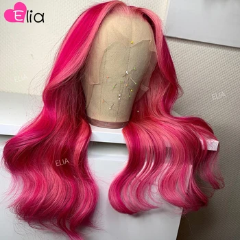 Elia выделяет Розовые Объемные волнистые парики из человеческих волос на шнурке спереди 180% Бразильский Реми 13x4 Прозрачный парик на шнурке спереди, предварительно выщипанный
