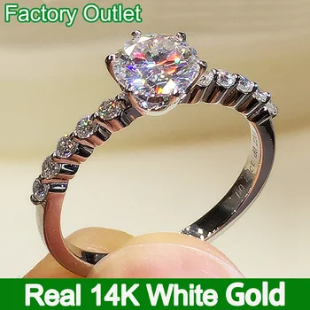 Кольцо из настоящего белого золота 14 карат, женское Обручальное кольцо, вечеринка по случаю годовщины помолвки, Обручальное кольцо с круглым бриллиантом муассанитом, Классическое Модное, 1 2 3 4 5 Карат
