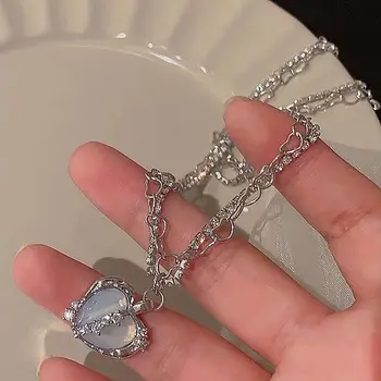 Y2K Ожерелье с подвеской в виде лунного сердца для женщин и девочек, Двухслойное ожерелье из стразов в Корейском стиле, Женские ювелирные изделия, Подарки